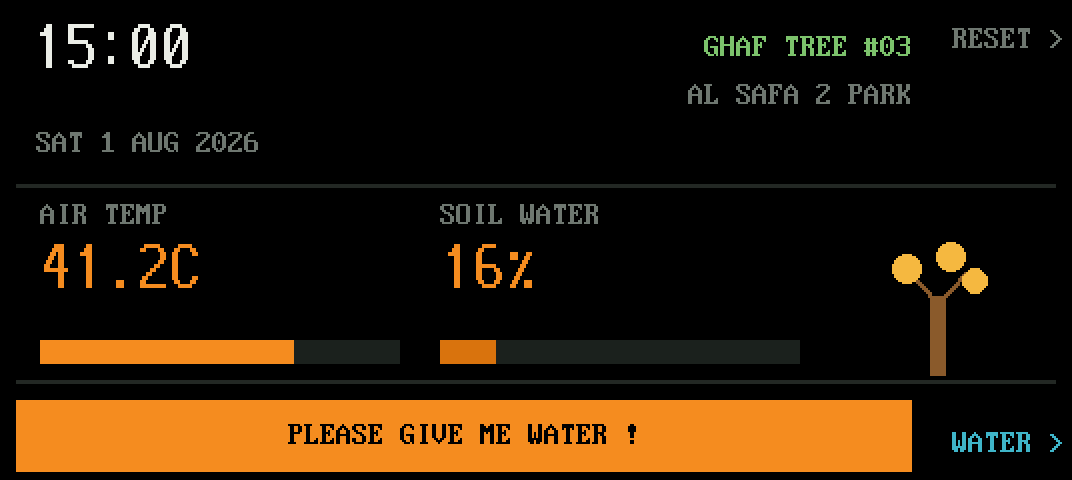 Tree-gochi display cycling between thirsty and recovering states